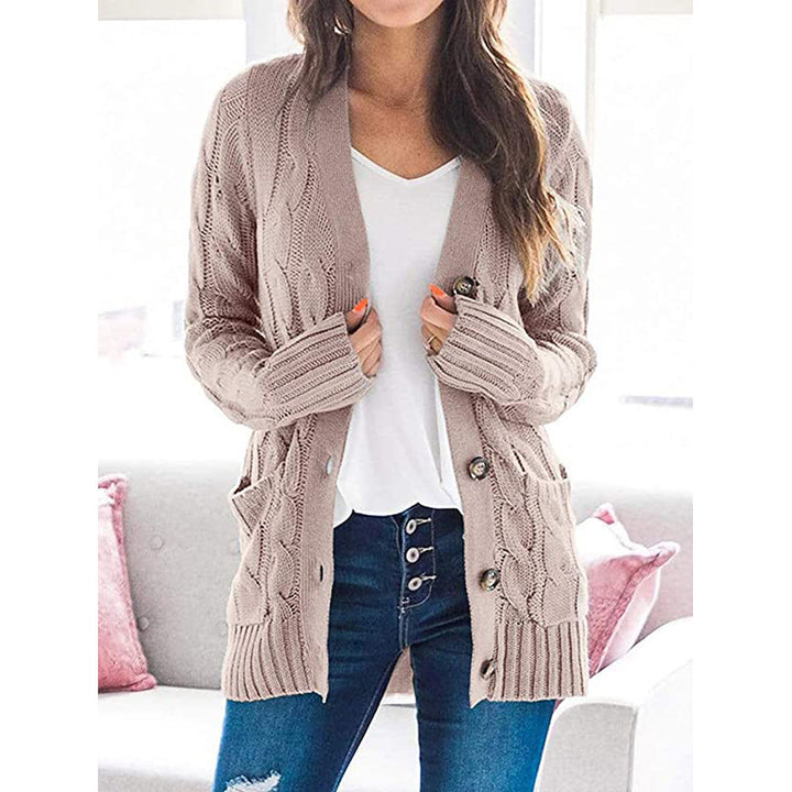 Women's knitted jacket with decorative cable pattern and practical pockets Lune London