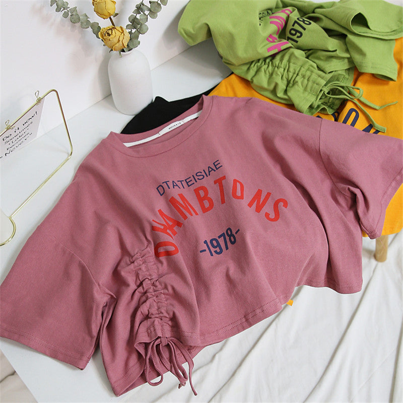 Women's cropped T-shirt with casual drawstring and creative lettering Lune London