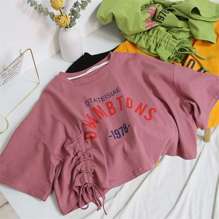 Women's cropped T-shirt with casual drawstring and creative lettering Lune London