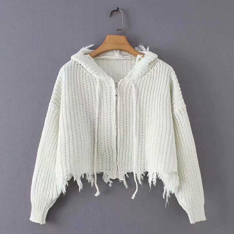 Casual knit jacket for women with hood and asymmetrical hem Lune Londonl