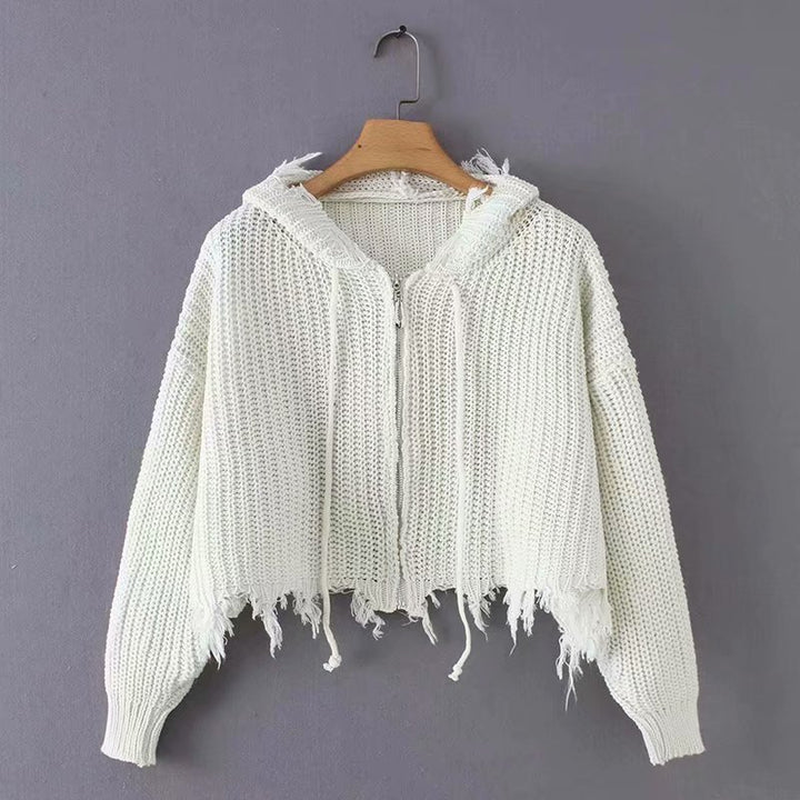 Casual knit jacket for women with hood and asymmetrical hem Lune Londonl