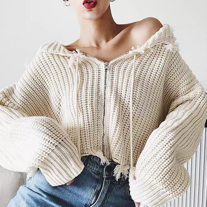 Casual knit jacket for women with hood and asymmetrical hem Lune Londonl