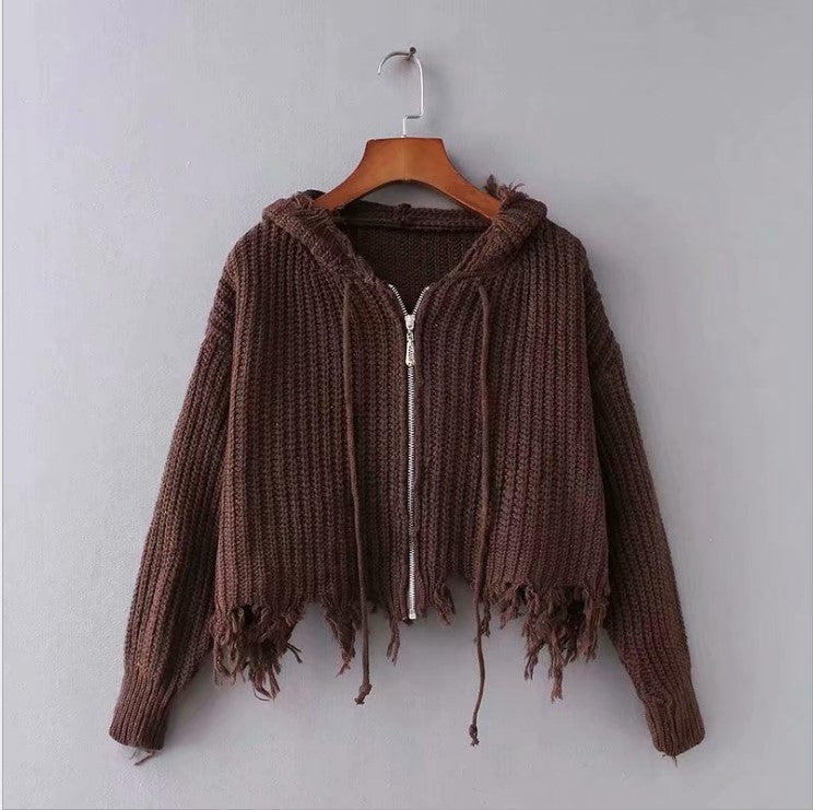 Casual knit jacket for women with hood and asymmetrical hem Lune Londonl
