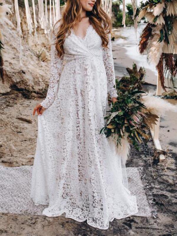Lune London | Maternity Fashion for Photoshoot Baby Shower Wedding Maxi Dress Lace V-Neck Backless White Elegant