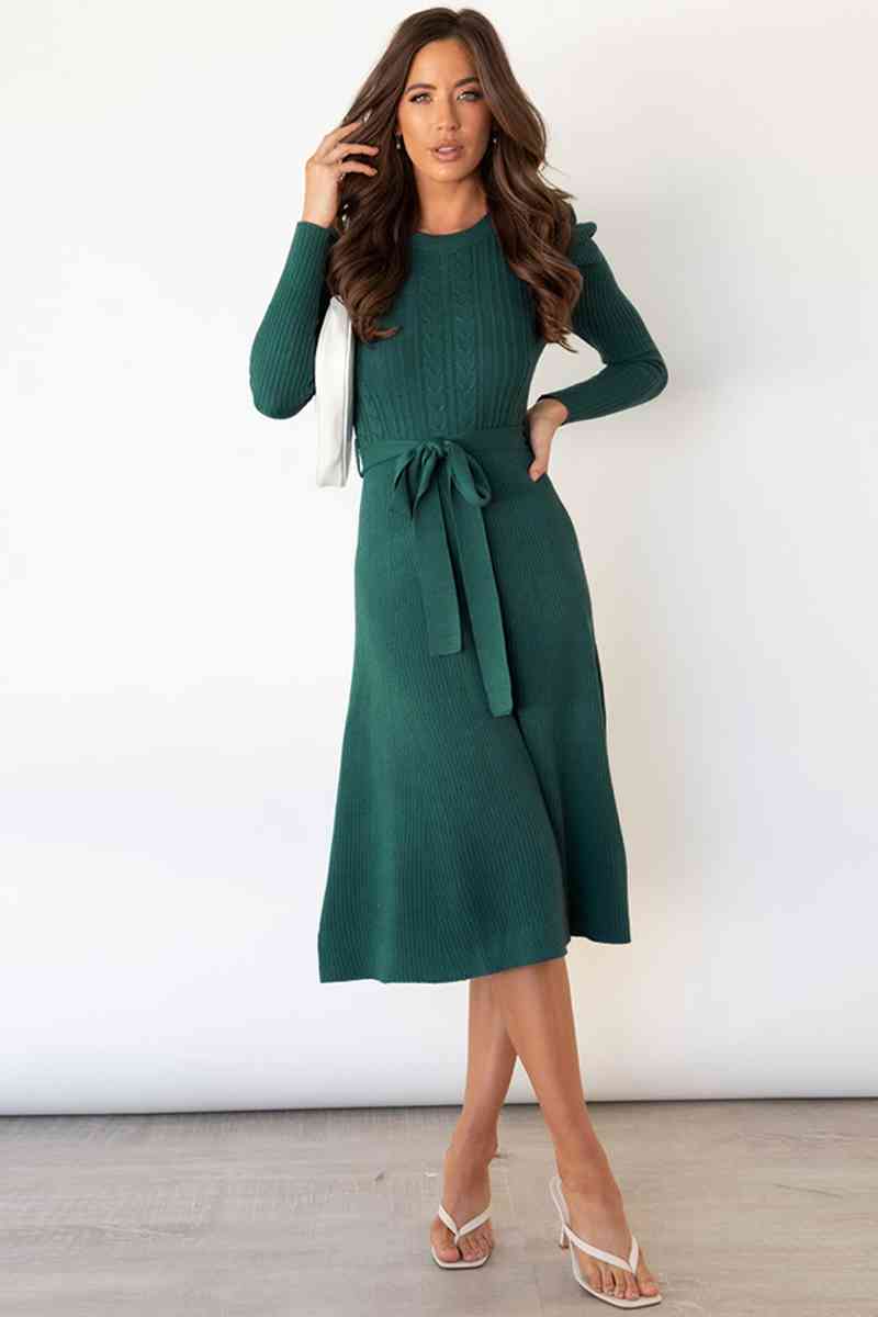 Lune London | Round Neck Long Sleeve Knot Waist Sweater Dress