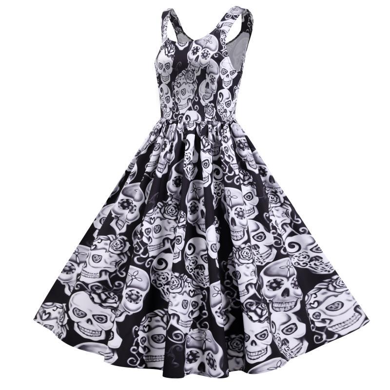 Robe A-Ligne Rétro pour Femme avec Design de Crâne et Jupe Volumineuse Chic & Stil