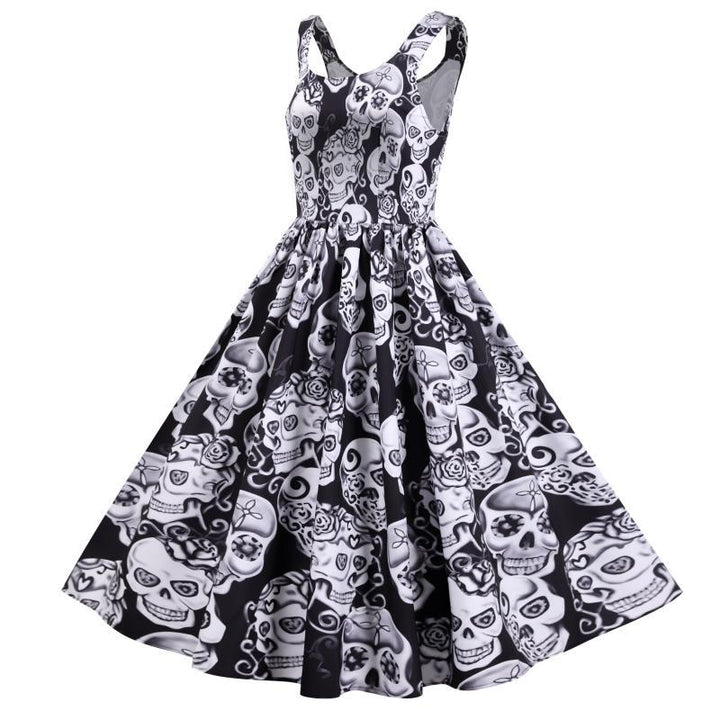 Robe A-Ligne Rétro pour Femme avec Design de Crâne et Jupe Volumineuse Chic & Stil