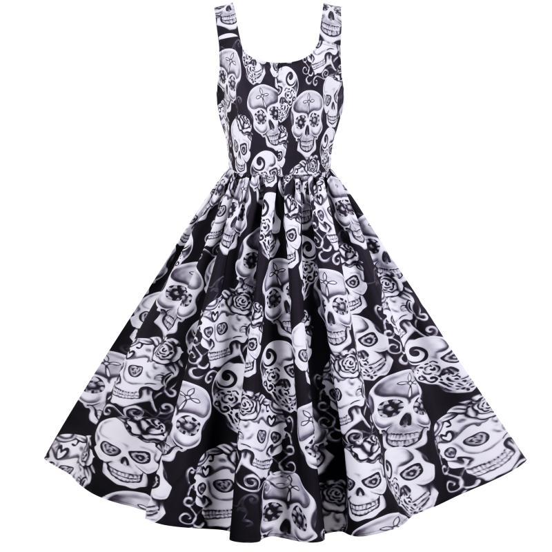 Robe A-Ligne Rétro pour Femme avec Design de Crâne et Jupe Volumineuse Chic & Stil