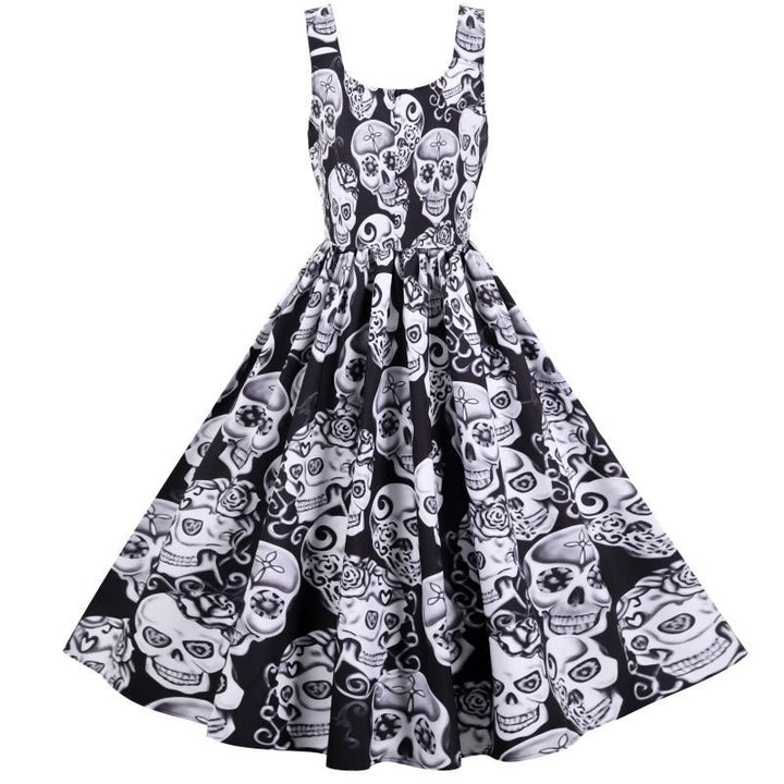 Robe A-Ligne Rétro pour Femme avec Design de Crâne et Jupe Volumineuse Chic & Stil