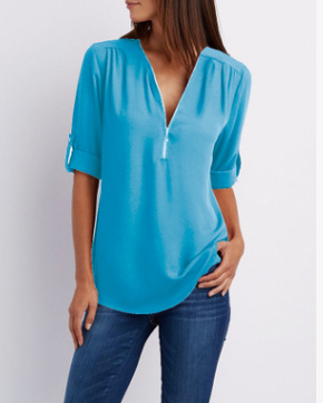 Lune London | Short sleeve shirt with zipper and V-neck - Loose tops