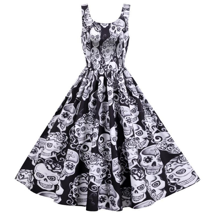 Robe A-Ligne Rétro pour Femme avec Design de Crâne et Jupe Volumineuse Chic & Stil
