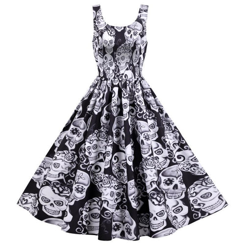 Robe A-Ligne Rétro pour Femme avec Design de Crâne et Jupe Volumineuse Chic & Stil