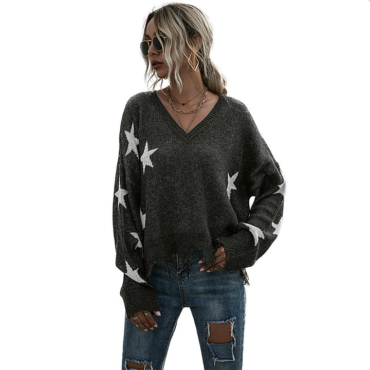 Sweater oversize pour femmes avec motif étoilé et décolleté en V profond Chic & Stil