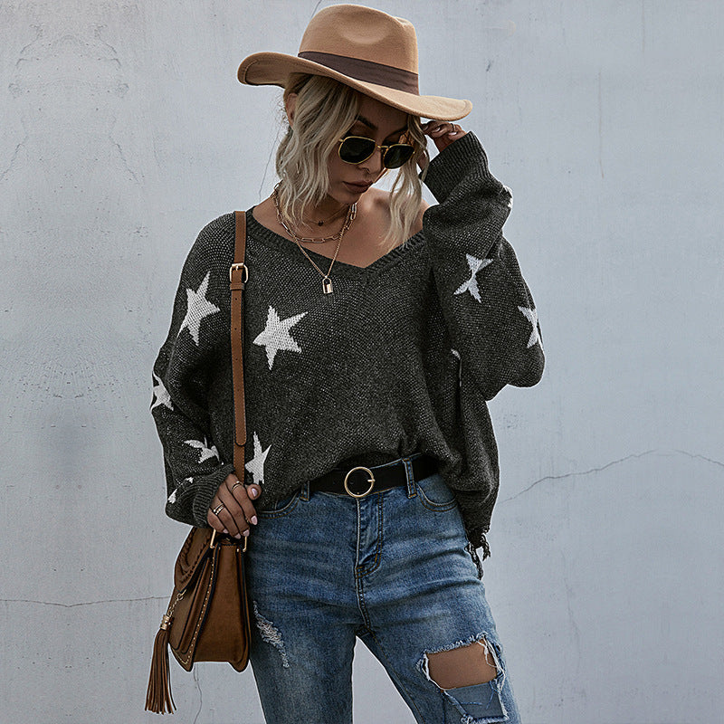 Sweater oversize pour femmes avec motif étoilé et décolleté en V profond Chic & Stil