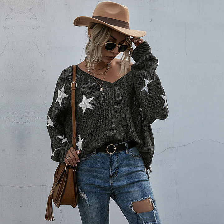Sweater oversize pour femmes avec motif étoilé et décolleté en V profond Chic & Stil