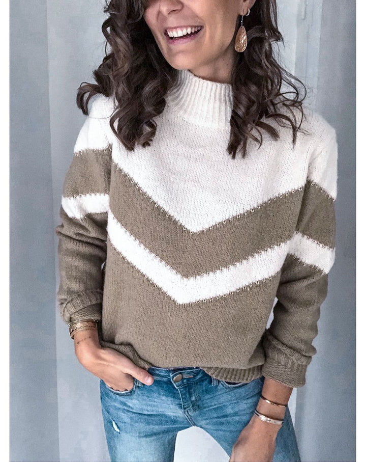 Pull en tricot pour femmes avec col en V et design chevron contrastant Chic & Stil
