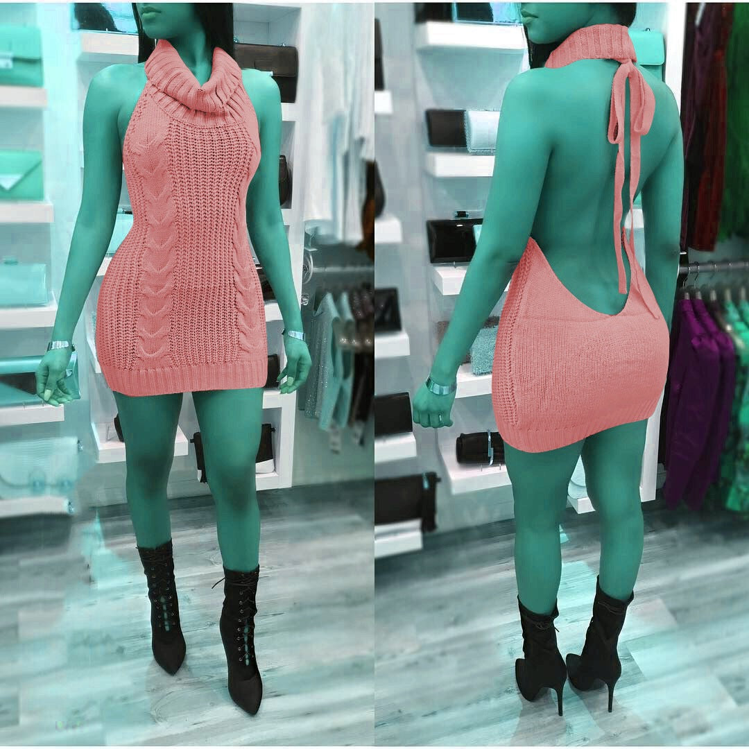 Knit dress for women with high collar and decorative cable pattern Lune London