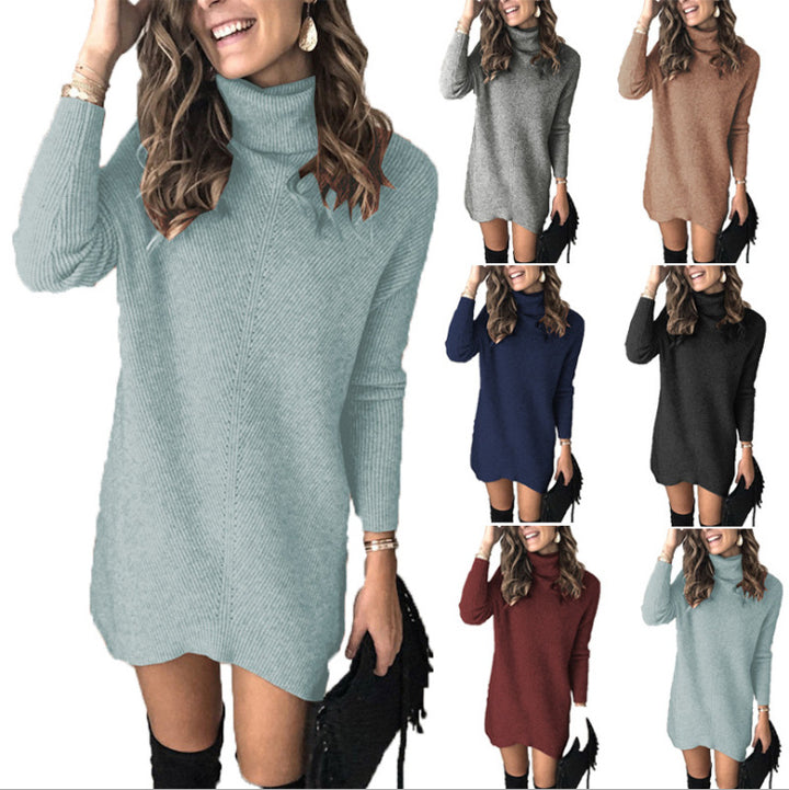 Hobo Sweater Dress for Women with High Collar and Ribbed Texture Lune London
