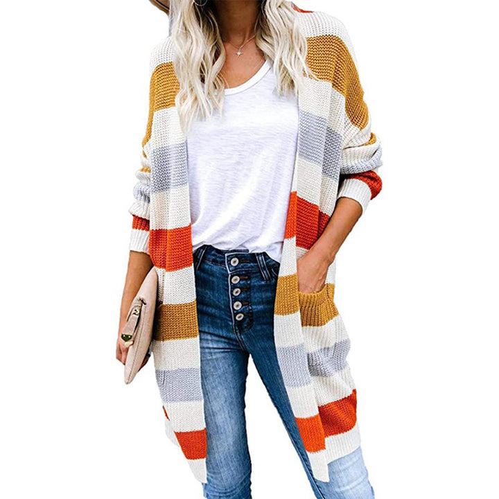 Casual knitted coat for women with modern stripes and deep pockets Lune London