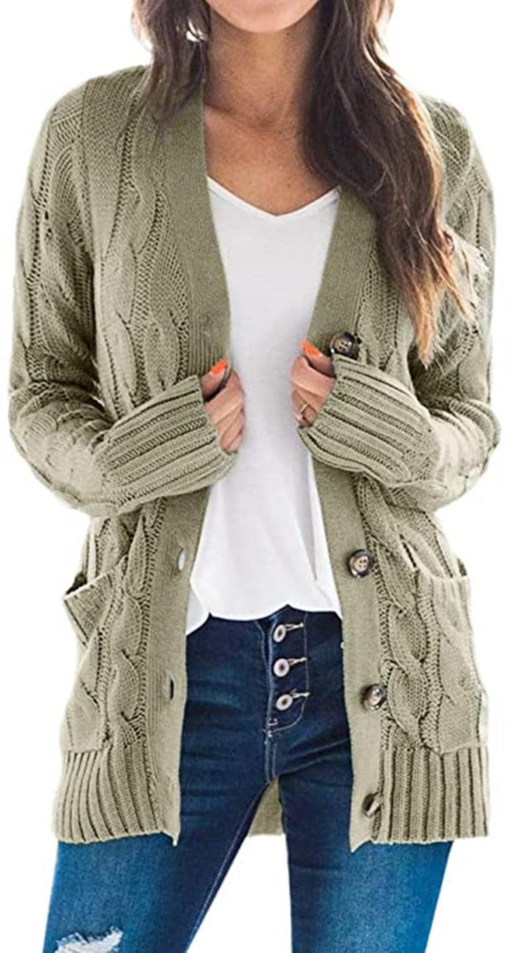 Chunky knit cardigan for ladies with a decorative twisted pattern and practical pockets Lune London