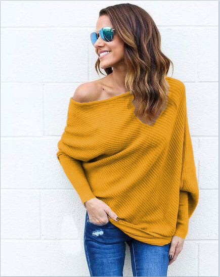 Ladies Off-Shoulder Knit Pullover with relaxed fit and ribbed texture Lune London