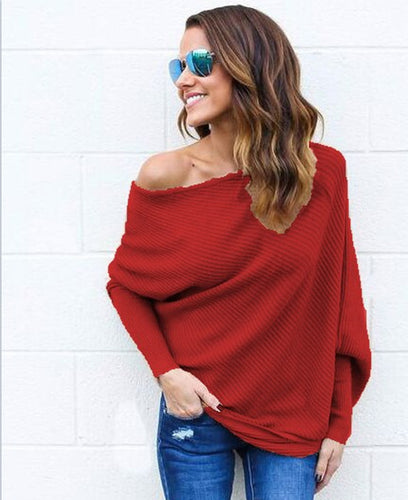 Ladies Off-Shoulder Knit Pullover with relaxed fit and ribbed texture Lune London