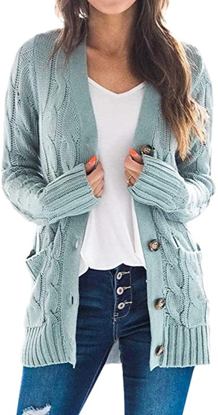 Ladies Chunky Knit Cardigan with modern braids design and practical pockets Lune London