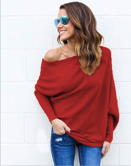 Ladies Off-Shoulder Knit Pullover with relaxed fit and ribbed texture Lune London