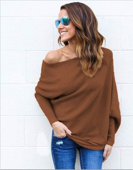 Ladies Off-Shoulder Knit Pullover with relaxed fit and ribbed texture Lune London