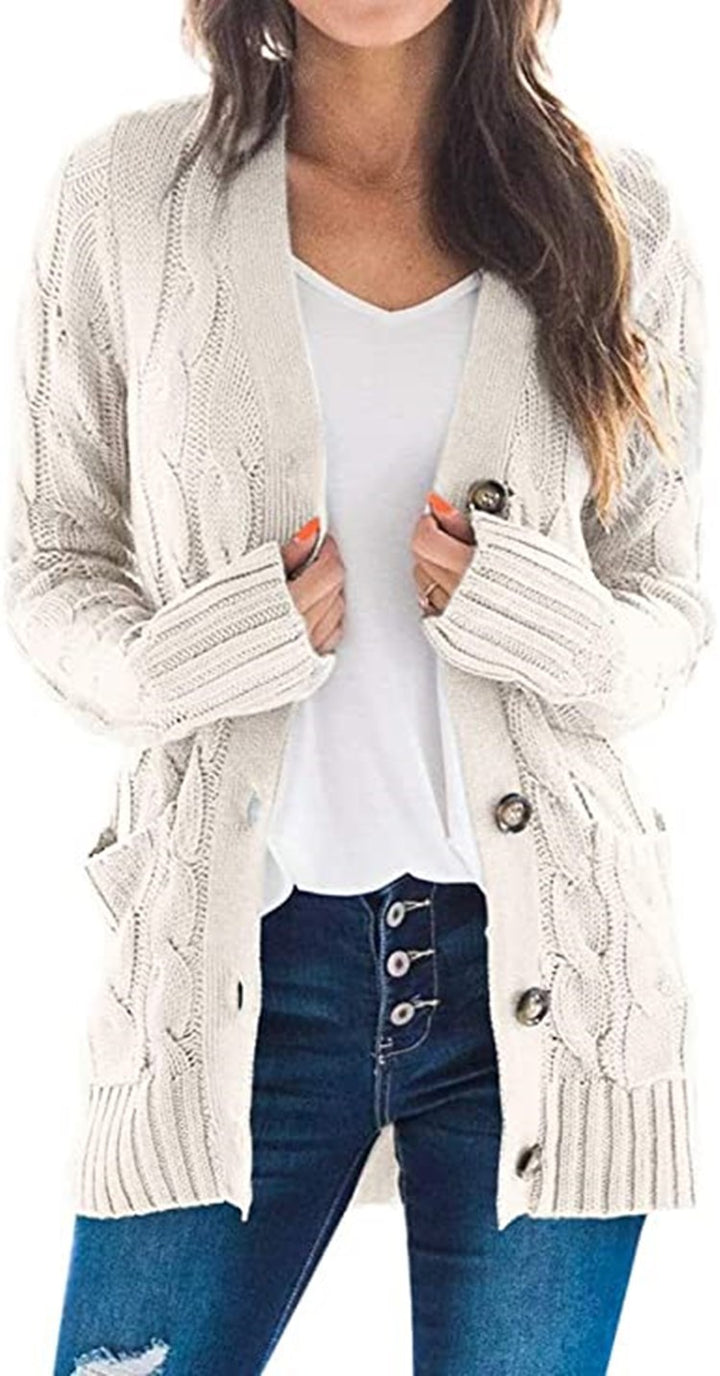 Ladies Chunky Knit Cardigan with modern braids design and practical pockets Lune London