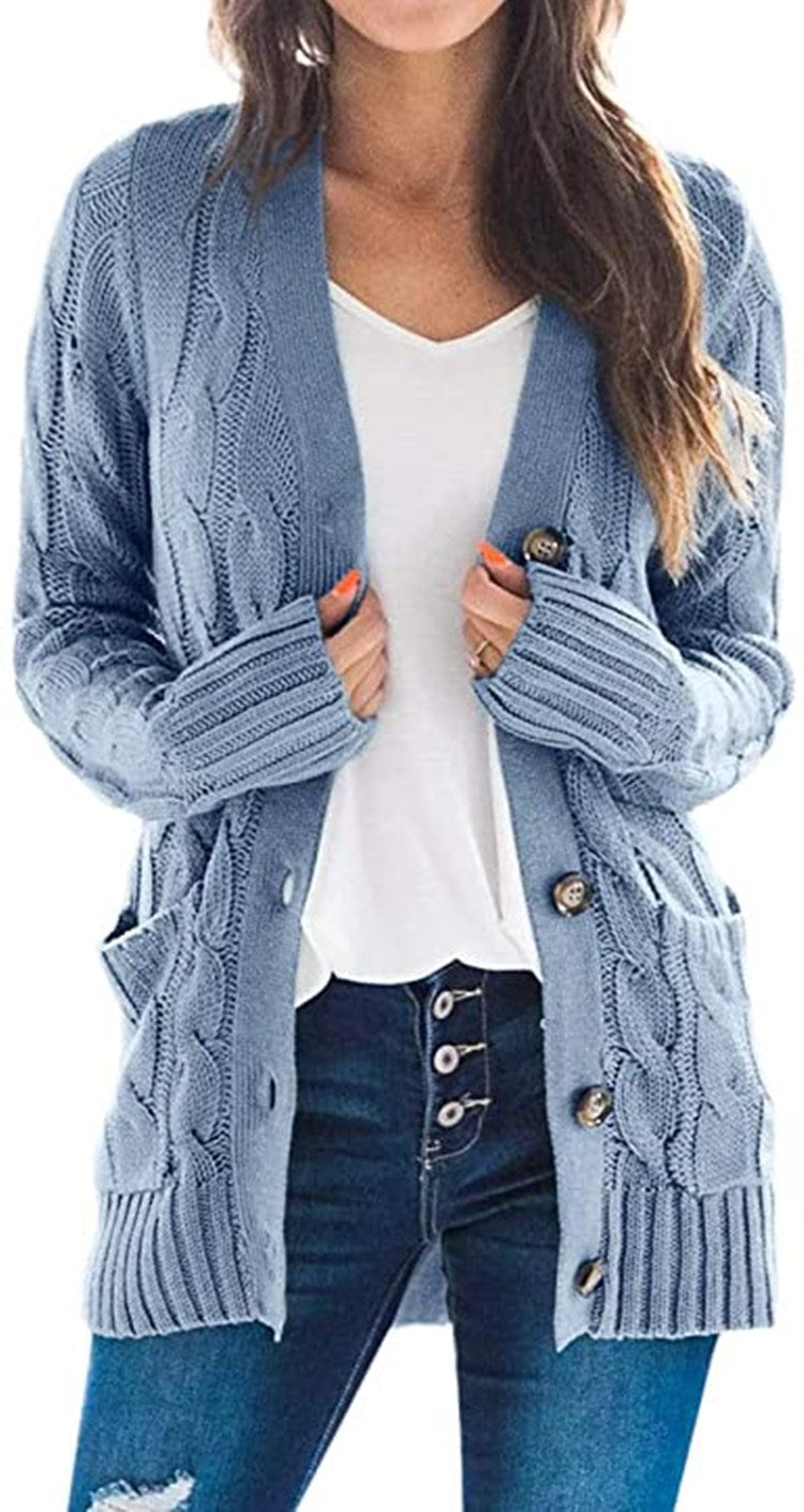 Chunky knit cardigan for ladies with a decorative twisted pattern and practical pockets Lune London