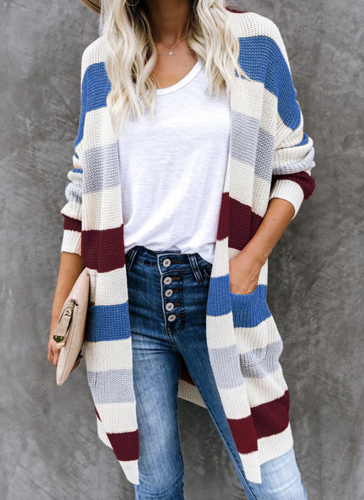Casual knitted coat for women with modern stripes and deep pockets Lune London
