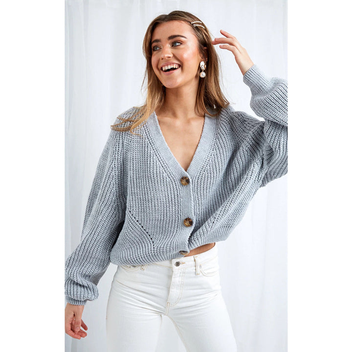 Women Large Knit Cardigan with Large Buttons and Deep V Neck Lune London