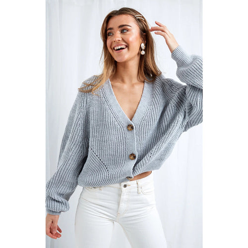 Women Large Knit Cardigan with Large Buttons and Deep V Neck Lune London