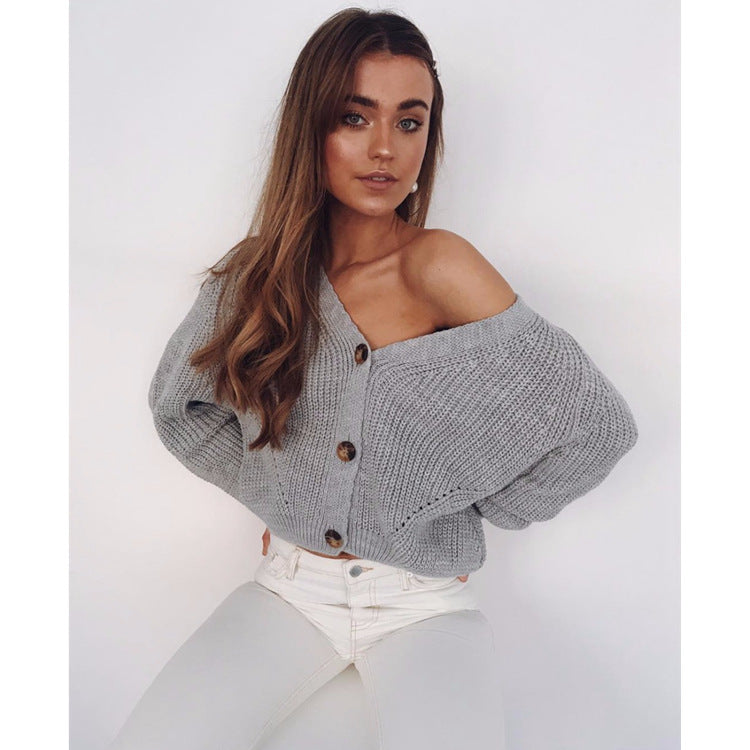Women Large Knit Cardigan with Large Buttons and Deep V Neck Lune London
