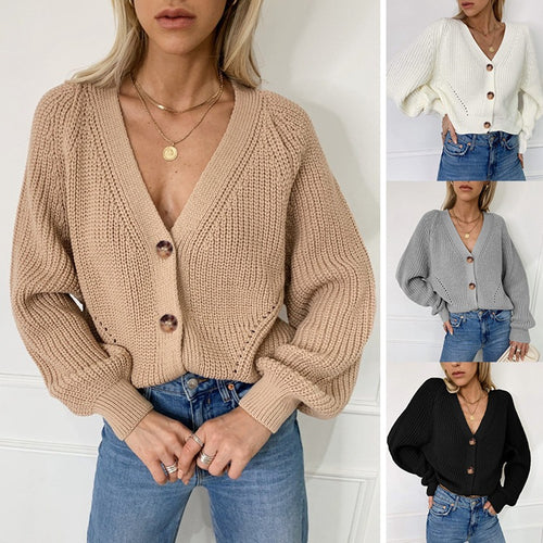 Ladies Chunky Knit Cardigan with Deep V-Neck and Chic Wooden Button Details