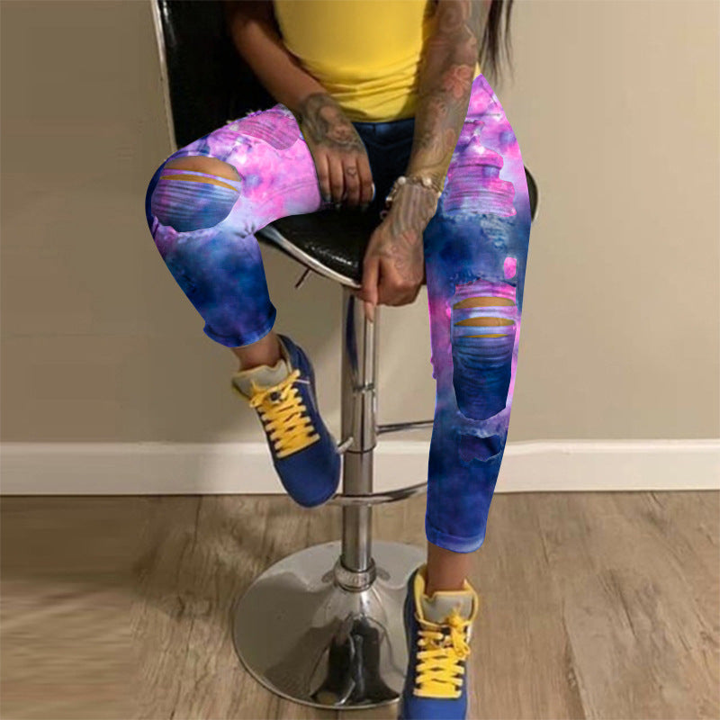 Skinny jeans for women with eye-catching tie-dye patterns and trendy distressed details Lune London