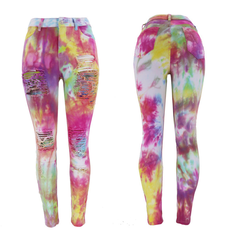 Skinny jeans for women with eye-catching tie-dye patterns and trendy distressed details Lune London