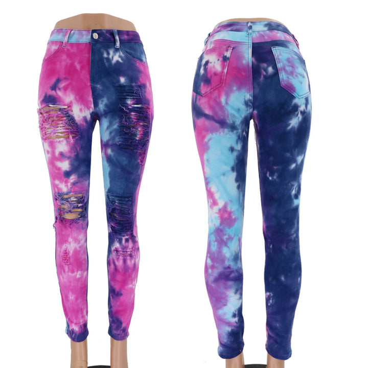 Skinny jeans for women with eye-catching tie-dye patterns and trendy distressed details Lune London