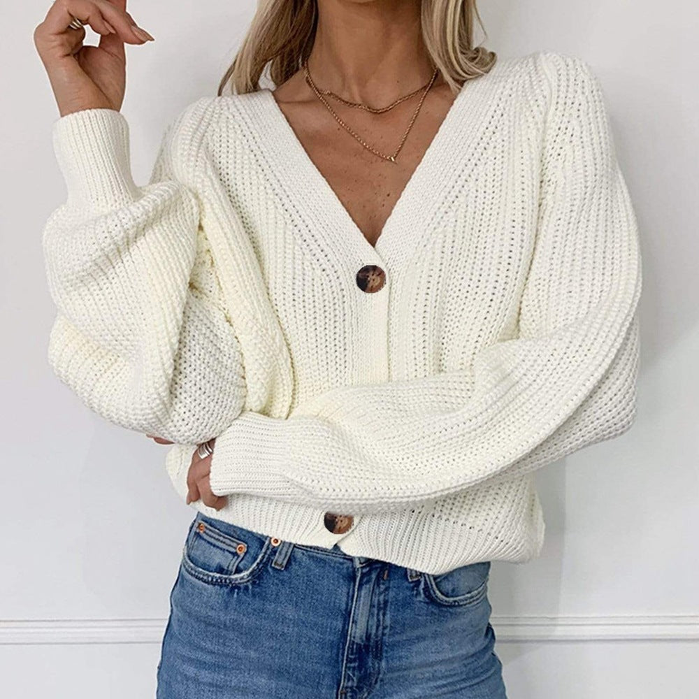 Women Large Knit Cardigan with Large Buttons and Deep V Neck Lune London