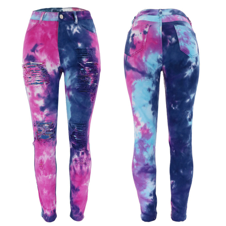 Skinny jeans for women with eye-catching tie-dye patterns and trendy distressed details Lune London