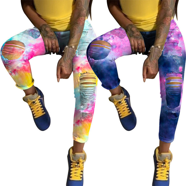 Skinny jeans for women with eye-catching tie-dye patterns and trendy distressed details Lune London