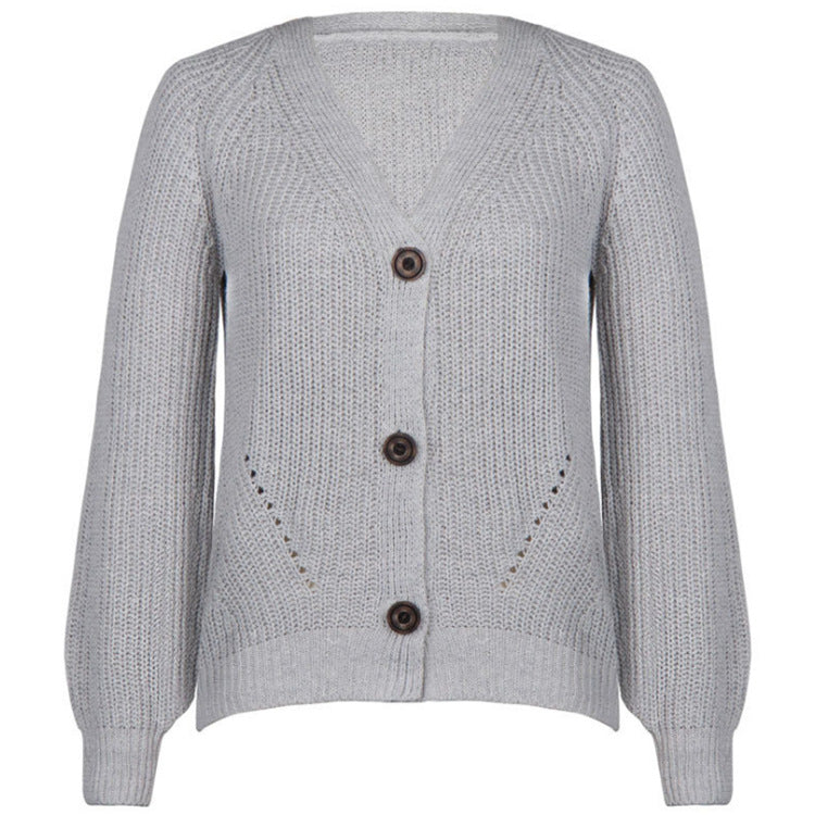 Women Large Knit Cardigan with Large Buttons and Deep V Neck Lune London