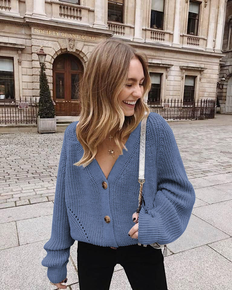 Women Large Knit Cardigan with Large Buttons and Deep V Neck Lune London