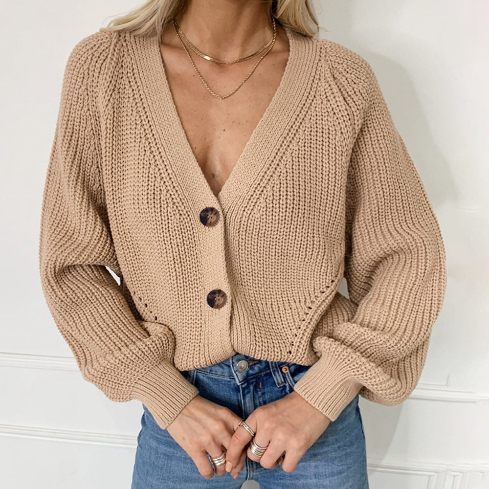 Women Large Knit Cardigan with Large Buttons and Deep V Neck Lune London
