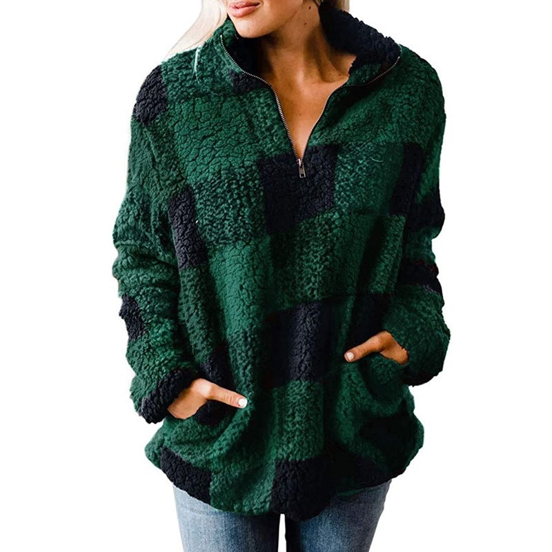 Chic and Stylish women's fleece sweater with plaid pattern