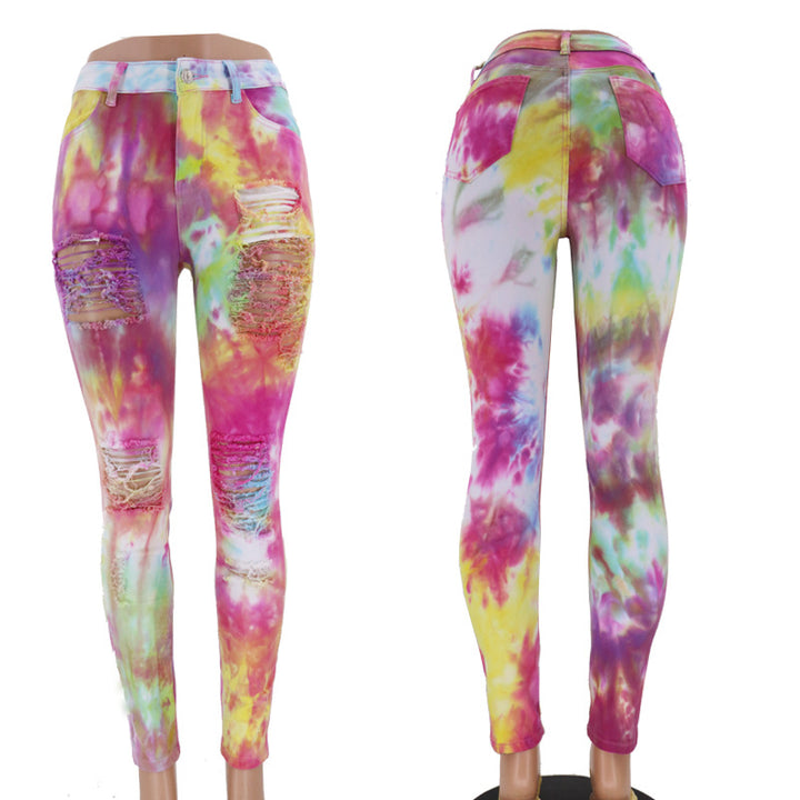 Skinny jeans for women with eye-catching tie-dye patterns and trendy distressed details Lune London