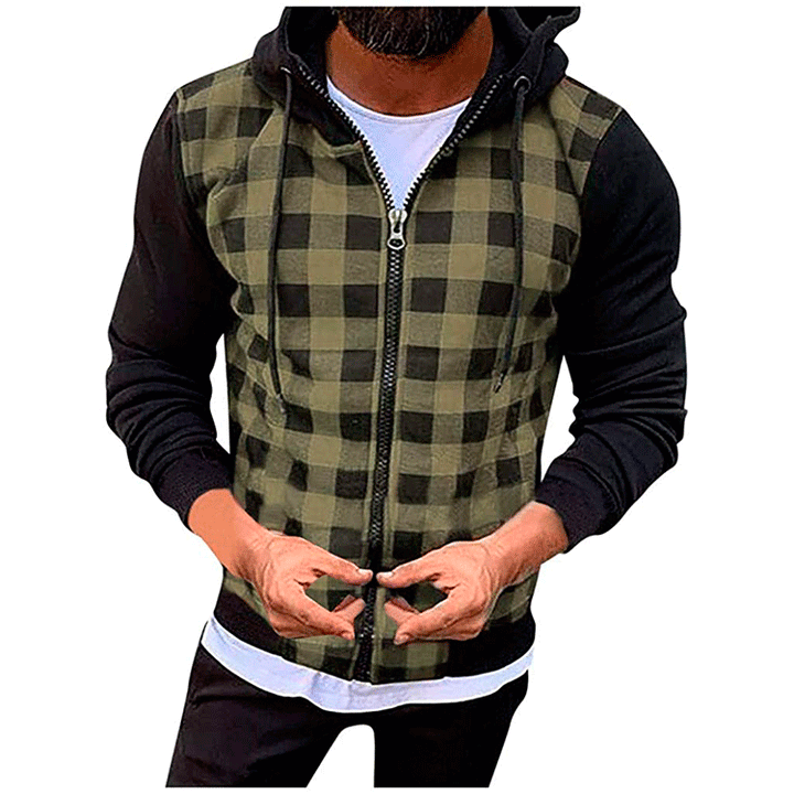 Hooded checkered fashion jacket for men with functional zipper and contrasting sleeves Lune London