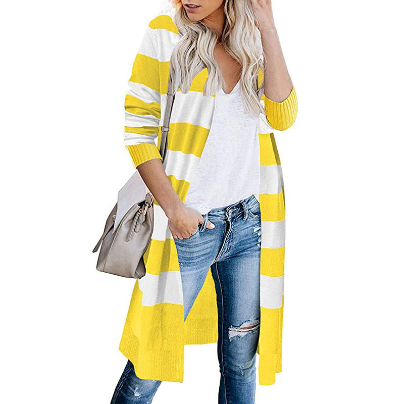 Long cardigan for women with striped pattern and open front Lune London