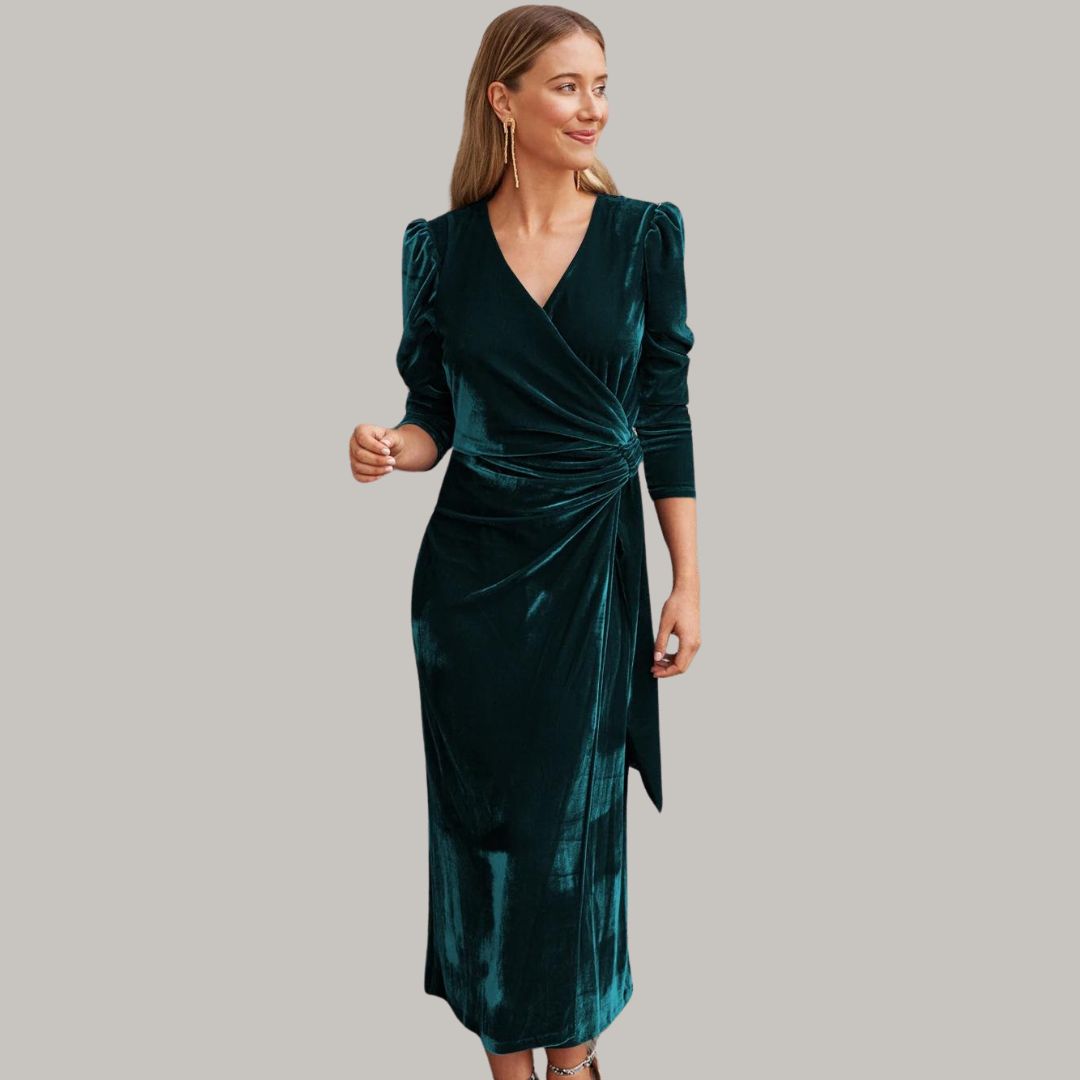 Lune London | Midi wrap dress in velvet with puff sleeves